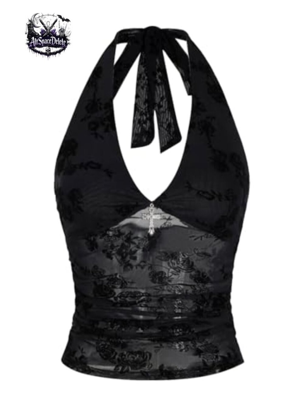 Y2K Gothic Halter Top Mesh Sheer Open Back Going Out Tops Emo Grunge Rave